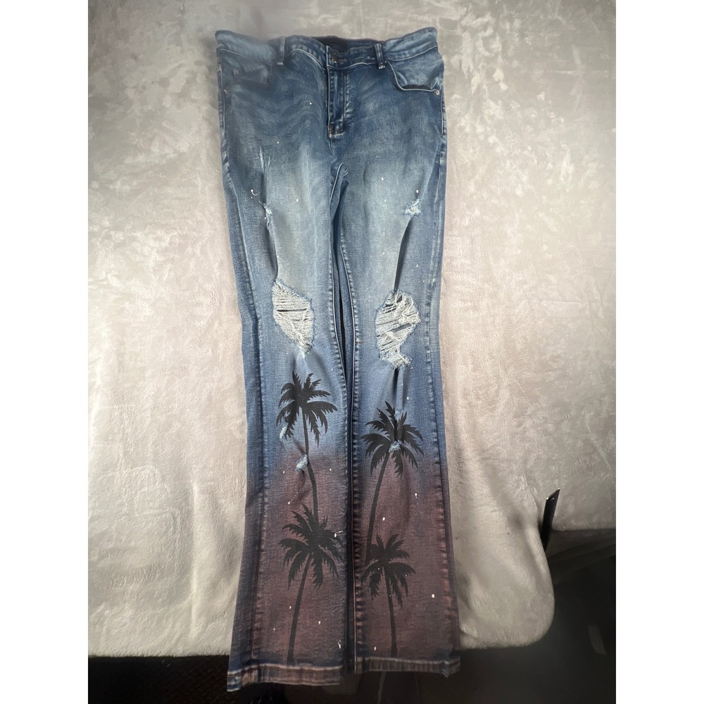 Amiri Mens Distressed Palm Tree Sunset Graphic Slim Fit Light Wash Jeans 35x34